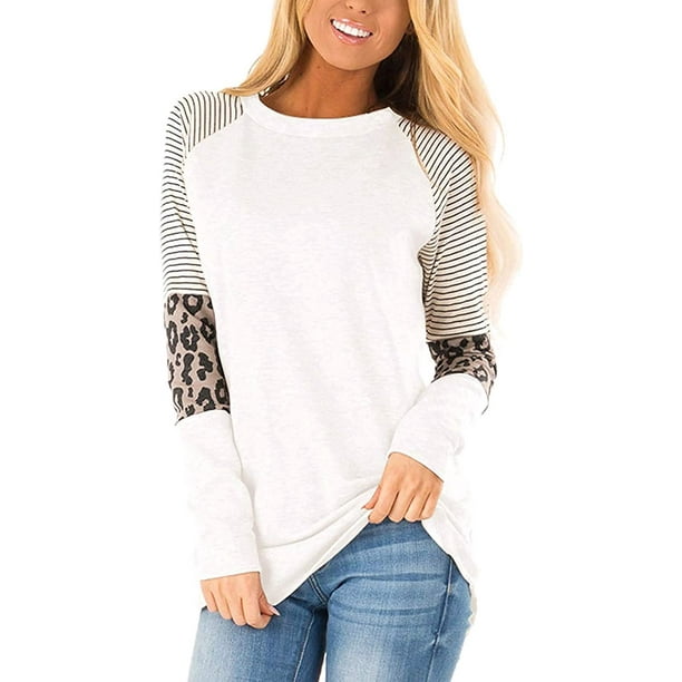 Womens Color Block Long Sleeve Leopard Print Tops Round Neck Striped Loose Casual Shirts Tunic Tops 